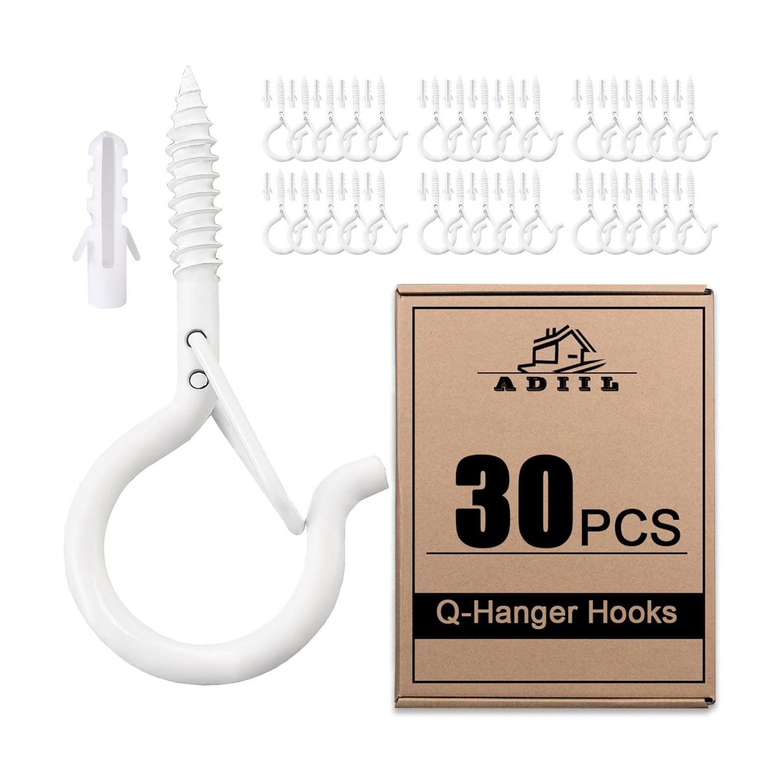 ADIIL 30 PCS Q Hanger Hooks with Safety Buckle, Windproof Screw Hooks for Hanging Outdoor String Lights, Plants