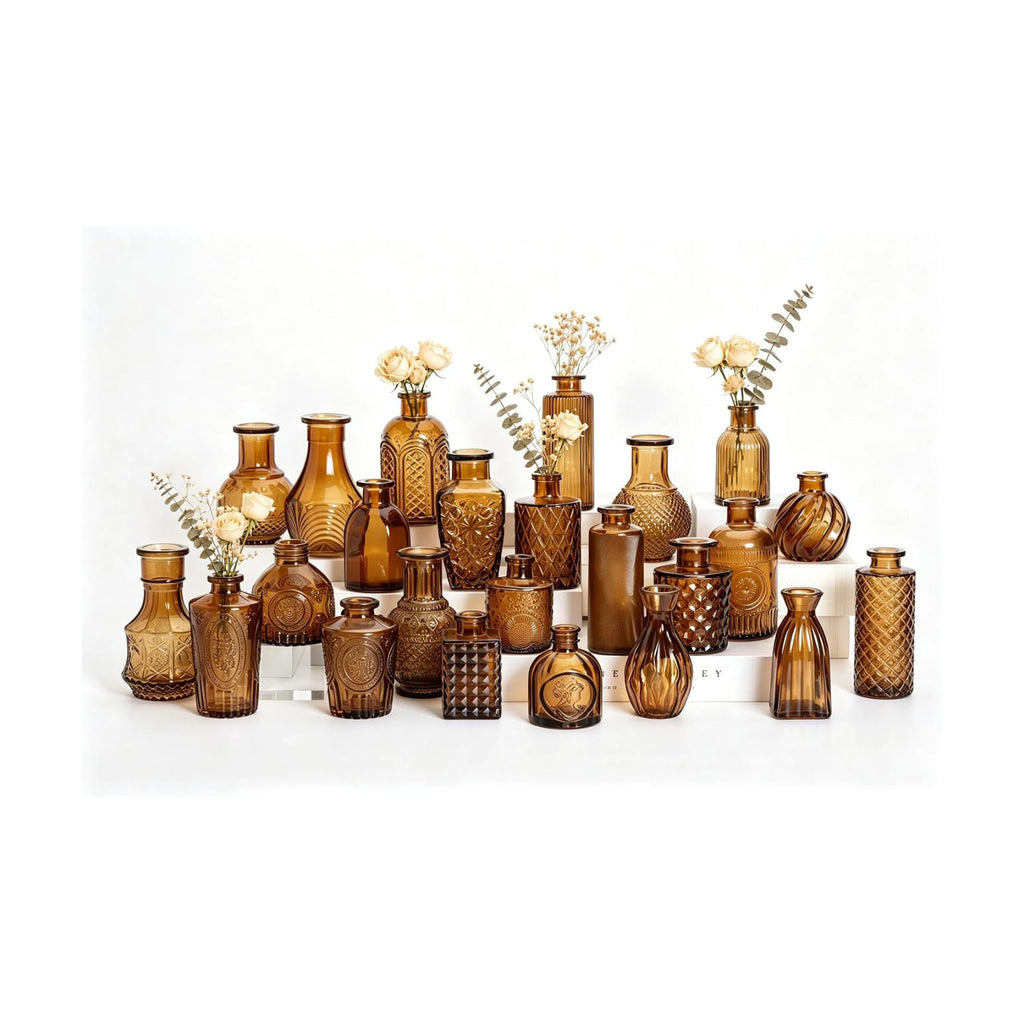 Mini Bud Vases As Wedding Centerpieces for Tables,Clear Bud Vases for Flowers,Small Flower Vases Suitable for Birthday Party,Anniversary,Wedding Reception,Baby Shower (Amber, 24PCS)