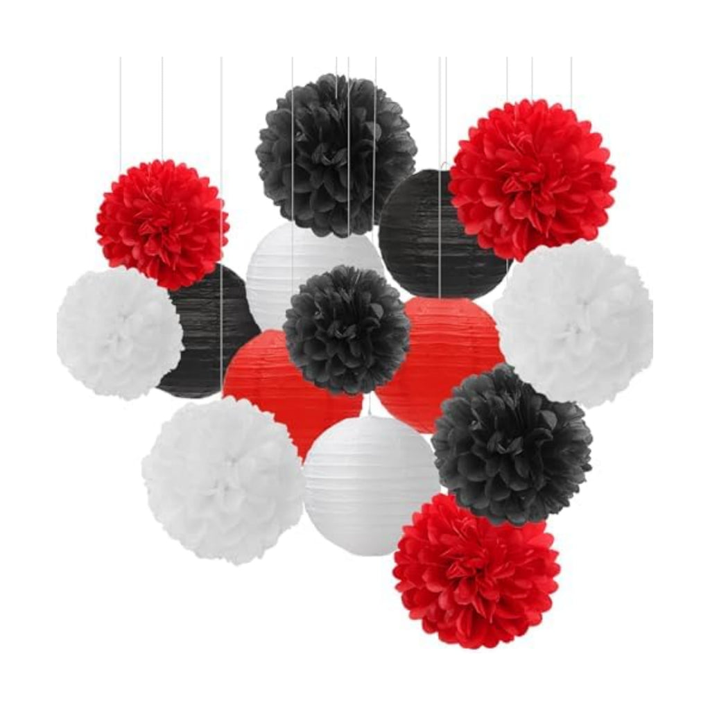Red-Black White Party-Decorations Paper Flowers Lanterns - 15PCS Halloween Birthday Tissue Pom Poms Streamers,Wedding Baby Bridal Shower Hanging Supplies Decor Hugfond