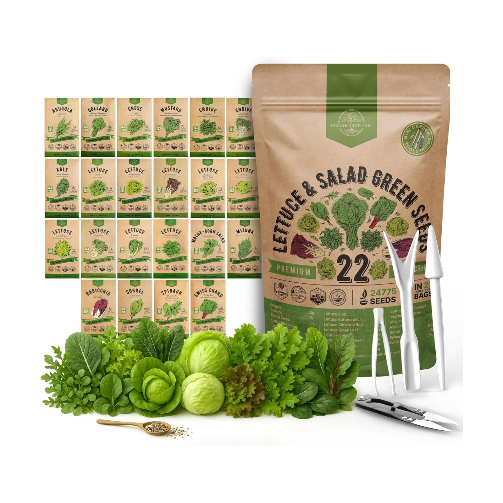 22 Lettuce & Salad Greens Seeds Variety Pack 24,700+ Non-GMO Heirloom Lettuce Seeds for Indoor & Outdoor Garden