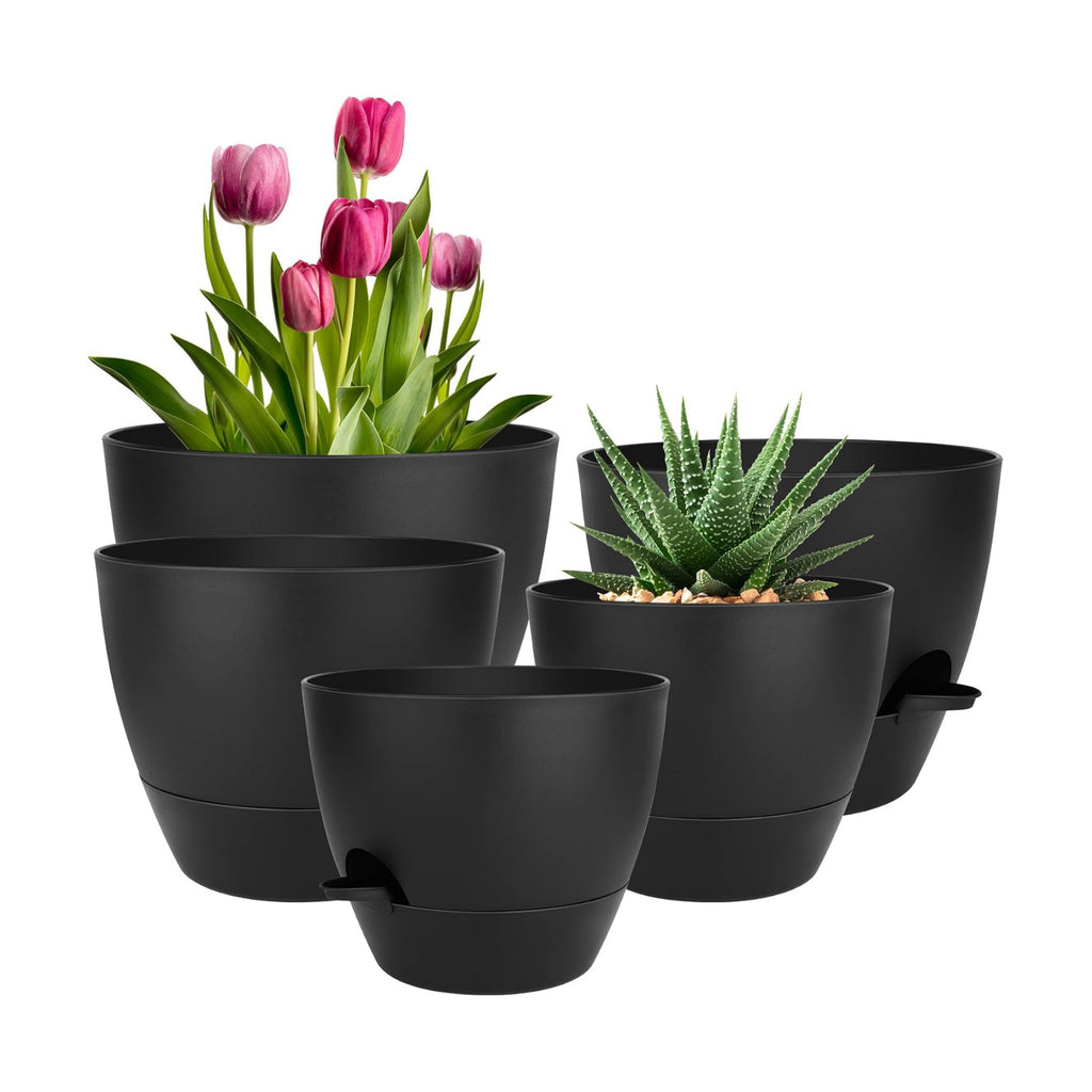 QRRICA Plant Pots 10/9/8/7.5/7 Inch Self Watering Pots, Set of 5 Plastic Planters with Drainage Holes and