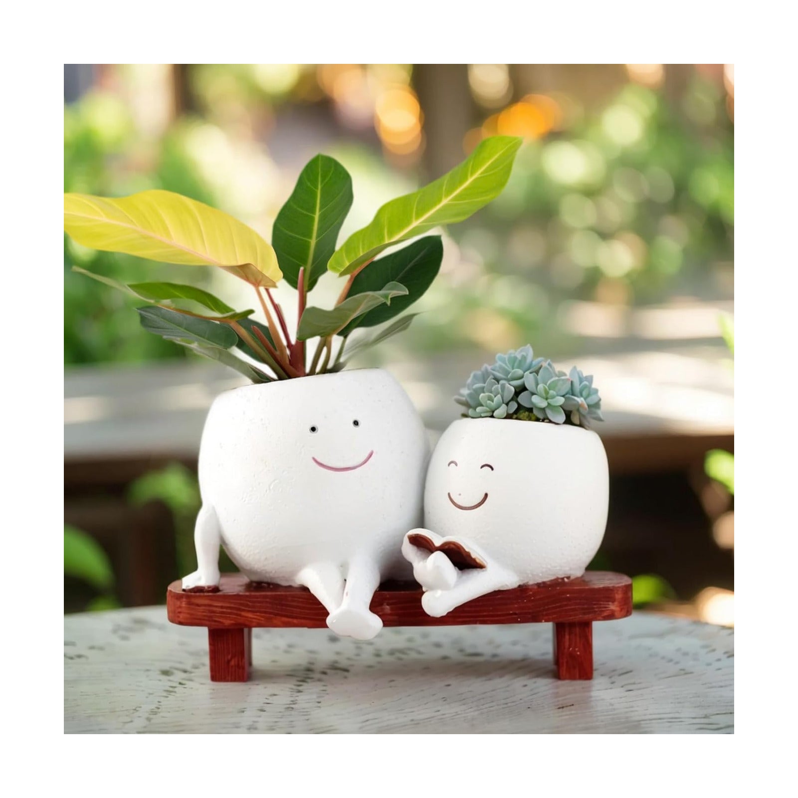 Meltset Cute Face Planter Pot - Funny Double Head Planter Sitting on Bench, Smiley Succulent Pot with Drainage Indoor