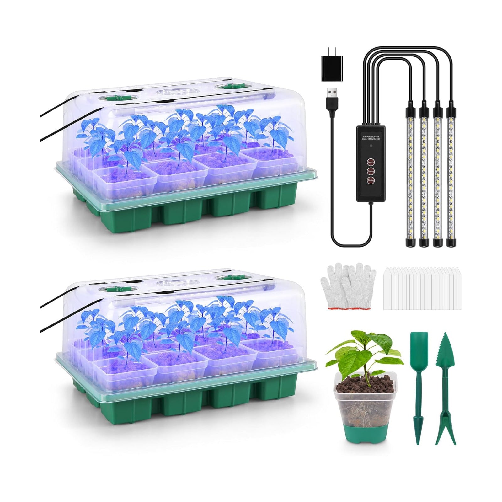 Seed Starter Tray with Grow Light, 24 Pack Large Clear Nursery Pots | 2.9" Deep Seedling Trays, Reusable Plant Starter