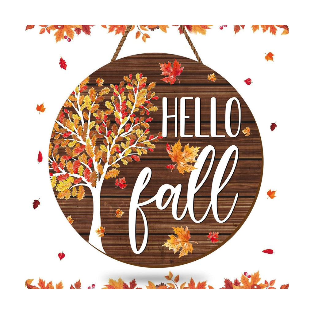 Whaline Hello Fall Wooden Hanging Sign Maple Tree Front Door Sign Autumn Thanksgiving Welcome Signs for Harvest Indoor Outdoor Home Porch Wall Decor