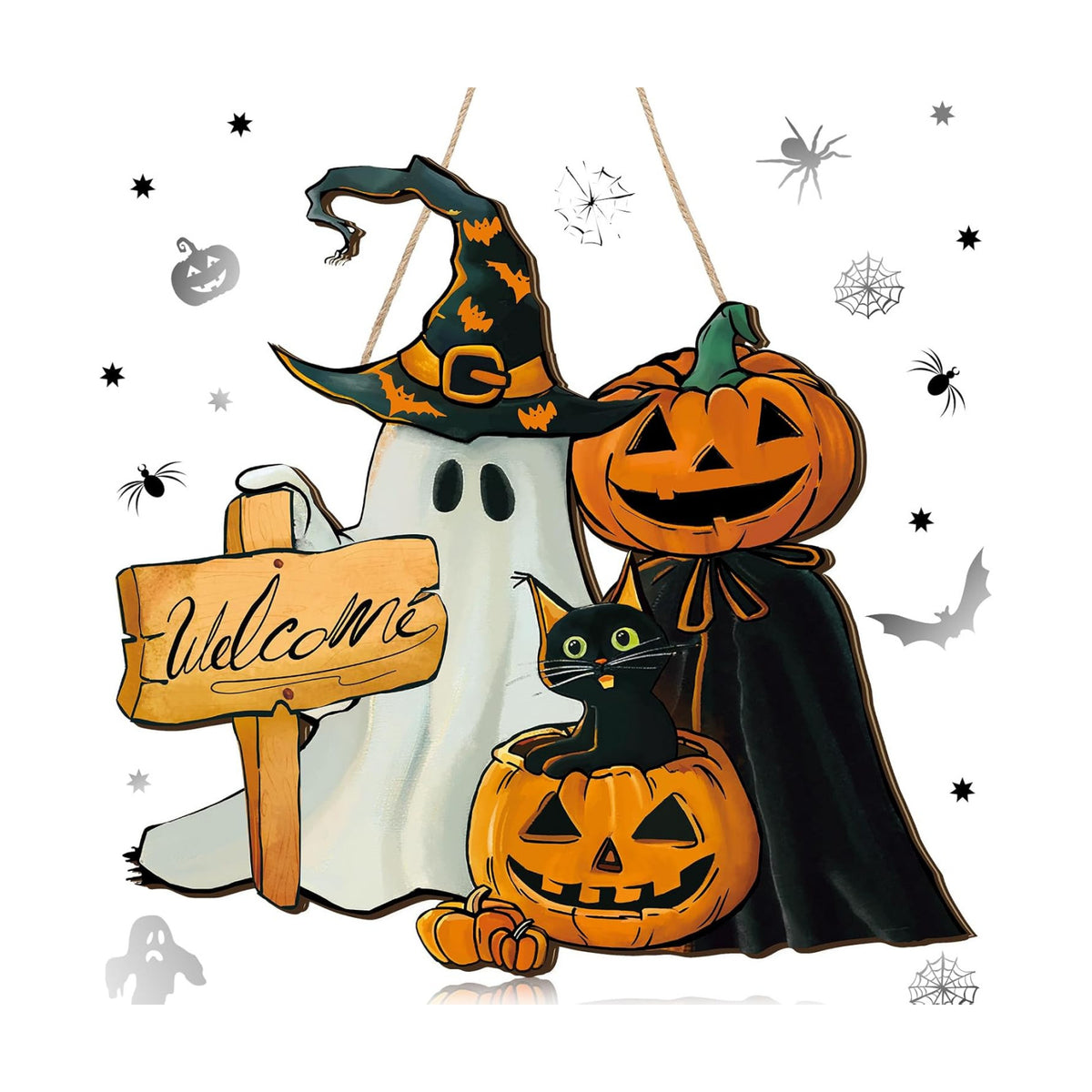 Barydat Happy Halloween Ghost Wreath Black Cat Welcome Front Door Sign