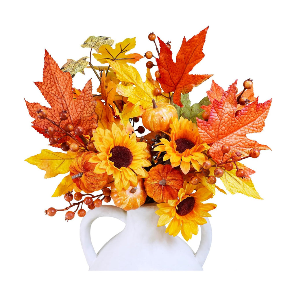 Winlyn 8 Pcs Fall Harvest Artificial Maple Leaf Stems Fall Picks and Sprays with Orange Pumpkins Sunflower Heads Pine Cones Berries 13" for Thanksgiving Autumn Wedding DIY Wreath Floral Arrangements