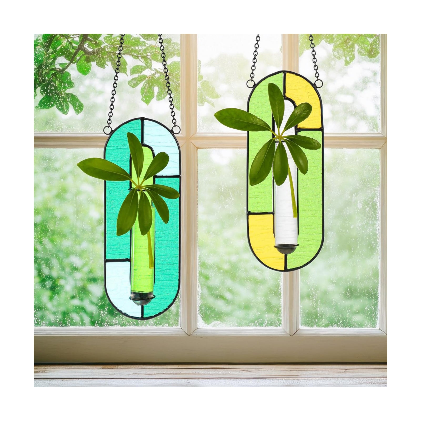 2 Sets Stained Glass Window Hanging Propagation Window Propagation Stations Planters with Glass Tubes and Chain
