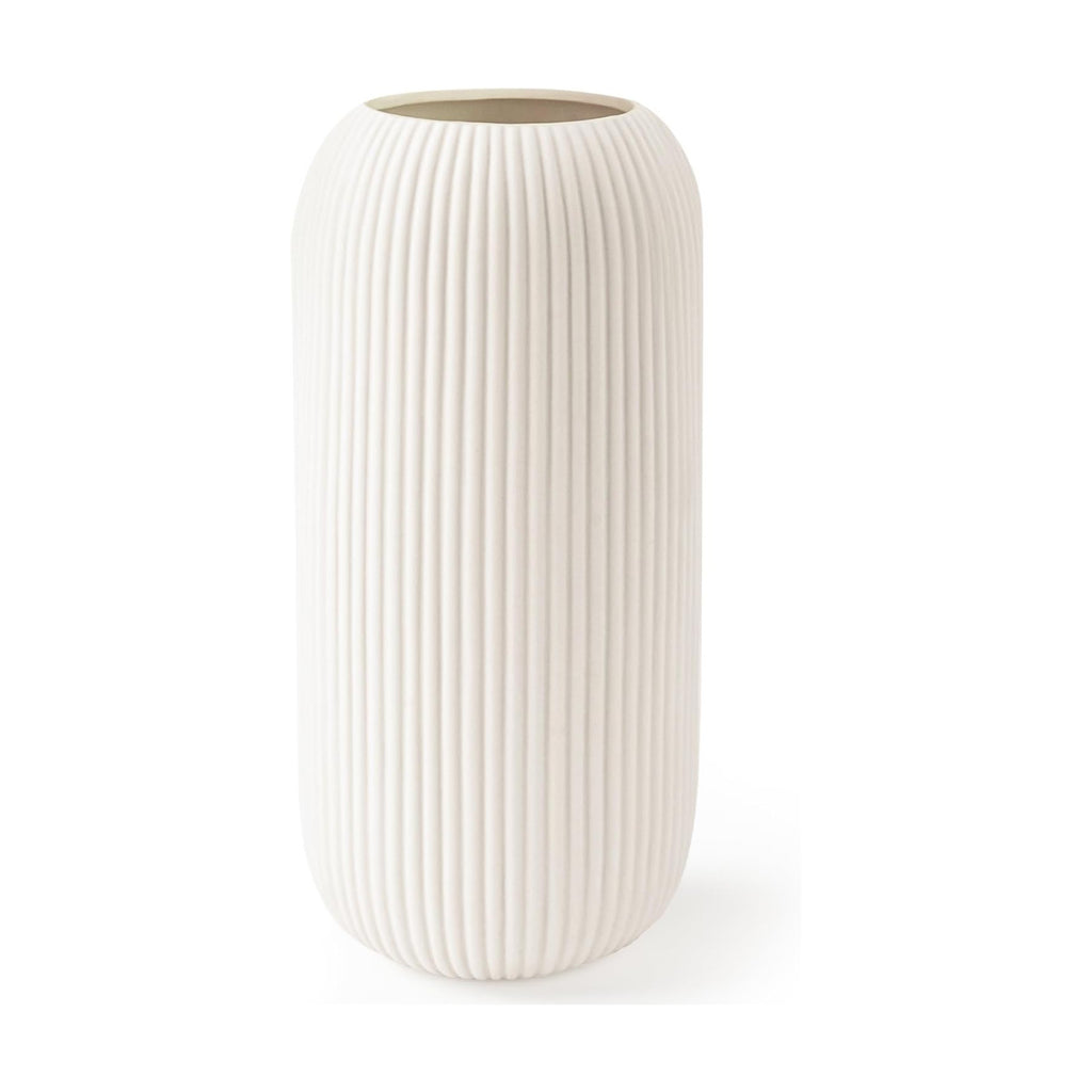 Ceramic Vase for Flowers – Modern Small Ribbed Textured Flower Vase for Home Decor, Pampas Grass, Decorative, Farmhouse, Coffee Table, Kitchen Centerpieces, Bookshelf and Home Living (White)