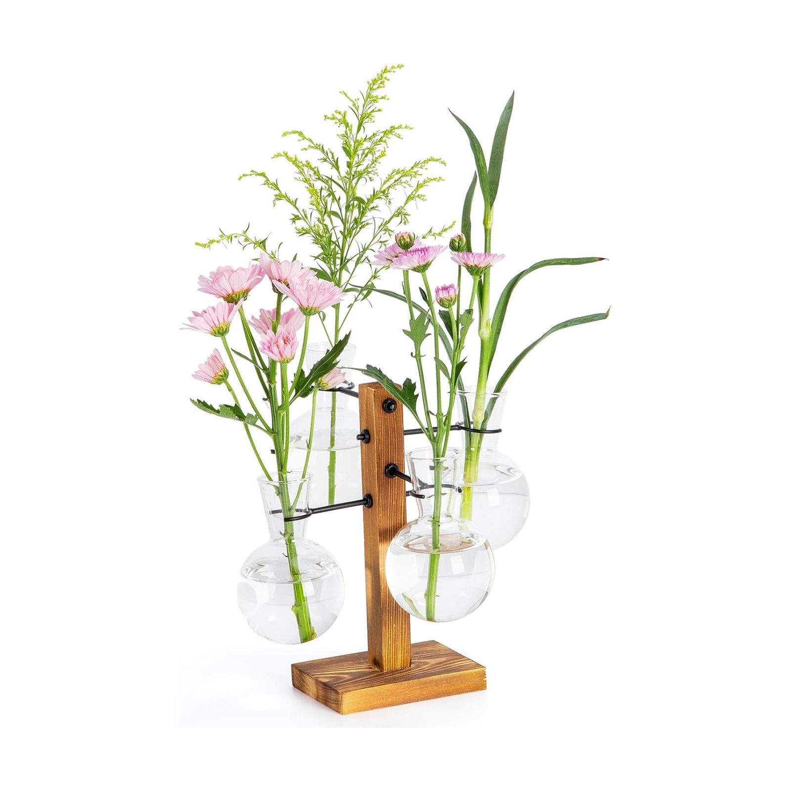 Plant Propagation Station with Wood Stand - 4 Bulb Glass Vases | Propagation Vases for Plants, Terrarium Kit for Home