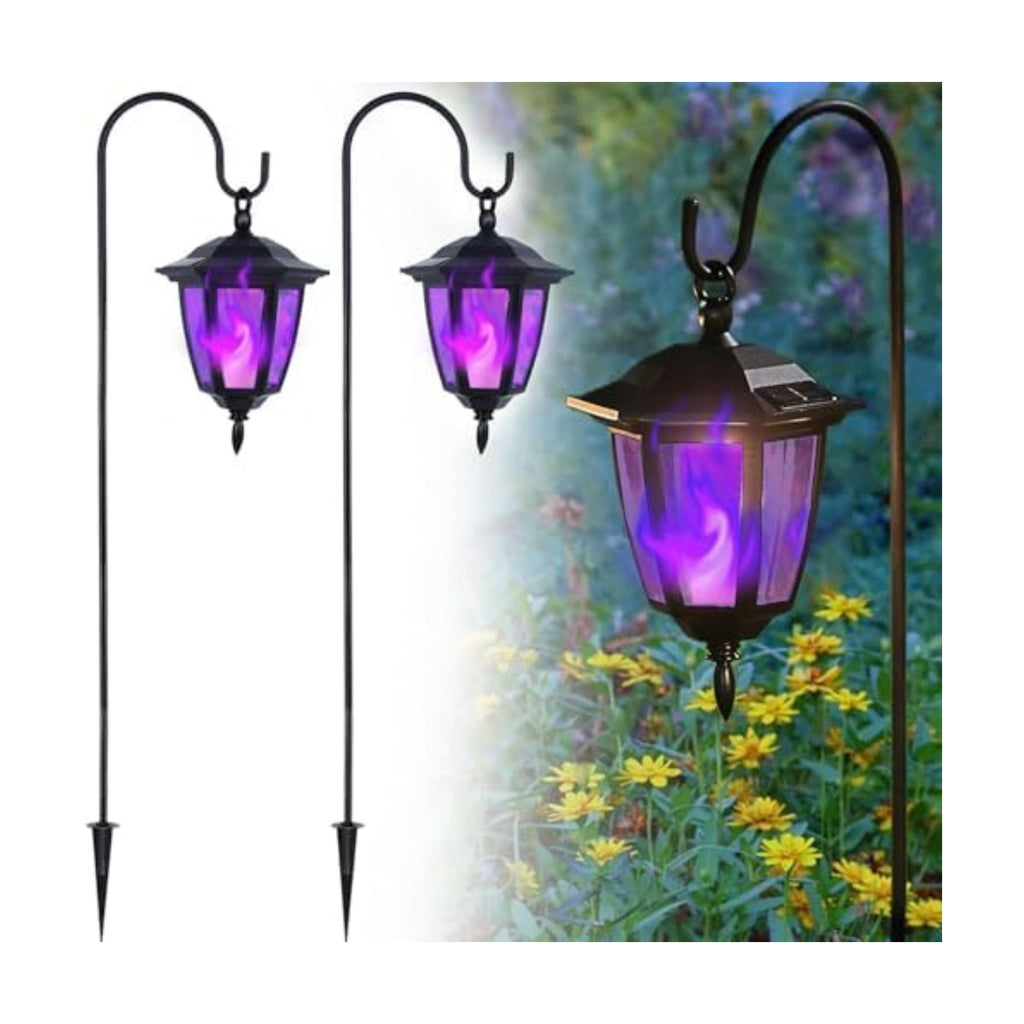 Dynaming 2 Pack Solar Halloween Flame Hanging Lights Outdoor, Flickering Flame LED Garden Lanterns with 2x38 Inch Shepherd Hooks, Landscape Lighting Waterproof for Lawn Yard Pathway Driveway, Purple