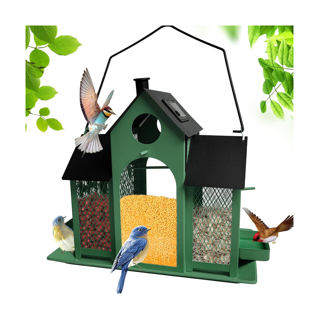Solar Bird Feeder House for Outside Hanging, Large Capacity Birdhouse Bird Feeders Hanging for Outdoors, Metal Mesh Wild Birdfeeder for Finch Cardinal (Green and Black)