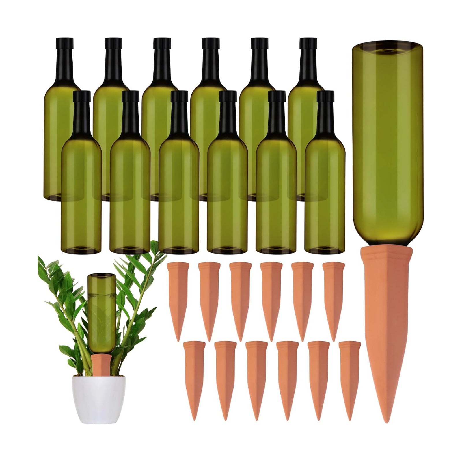 SiliFine 12 Sets Terracotta Watering Spikes,Grass Green and Terracotta | 26 oz Bottles for Slow Release Watering, Self