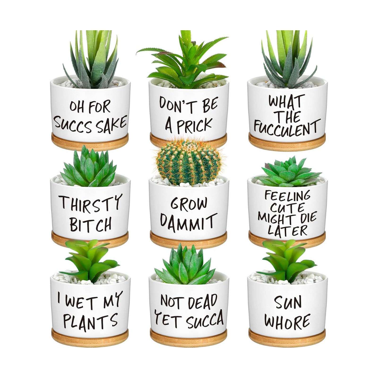 9 Pcs Funny Succulent Pots Ceramic Planters Bamboo Tray,Funny | Cute Aloe Cactus Planters with Drainage, White Mini