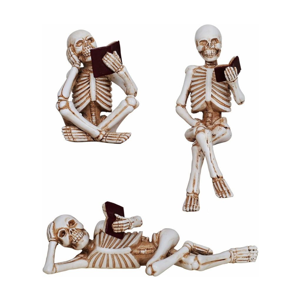 Dlfghos 3 Pieces Halloween Skeleton Statue Halloween Skull Figurine Home Decor Reading Skeleton Figurines Decorations for Indoor Fireplace Home Kitchen Desk Office Party