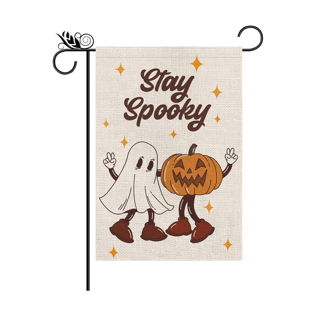 Halloween Garden Flag Funny Ghost Pumpkin Star Burlap Double Sided Flag Stay Spooky Farmhouse Holiday Yard Outdoor Decoration 12.5x18 Inch