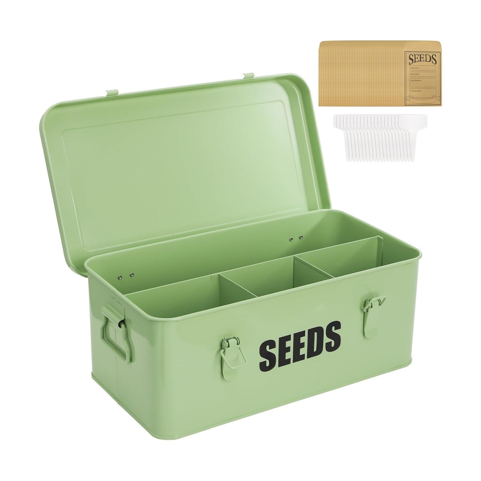 Seed Saving Box with 4 Compartments, Large Metal Seed Organizer Packet Container with Lid & Safety Locks, Garden Seed