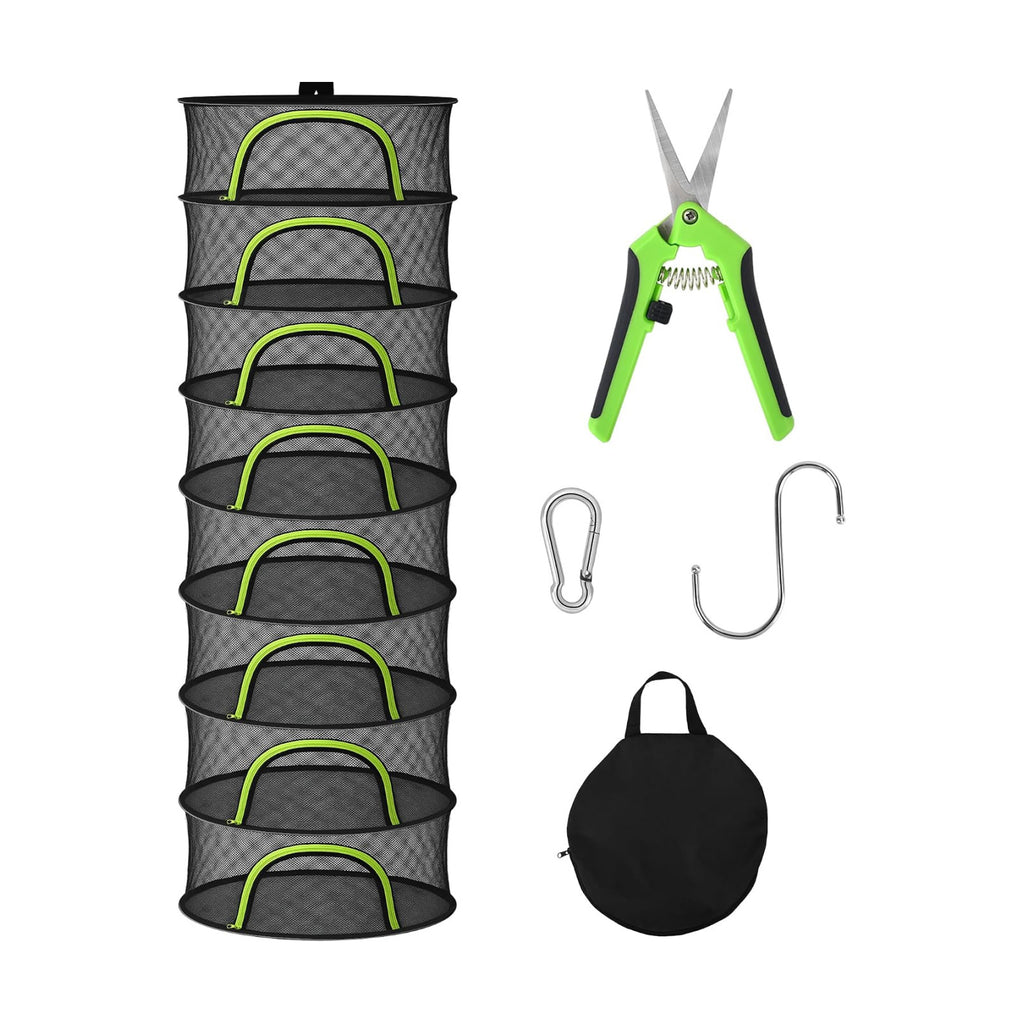Herb Drying Rack Hanging Mesh 8 Layer 24" with Zipper, Garden Pruning Shear, Hook & Carabiner Clip for Drying Herbs, Plants, Seeds, Buds | Hydroponics & Grow Tents Herb Dryer Hanging Rack