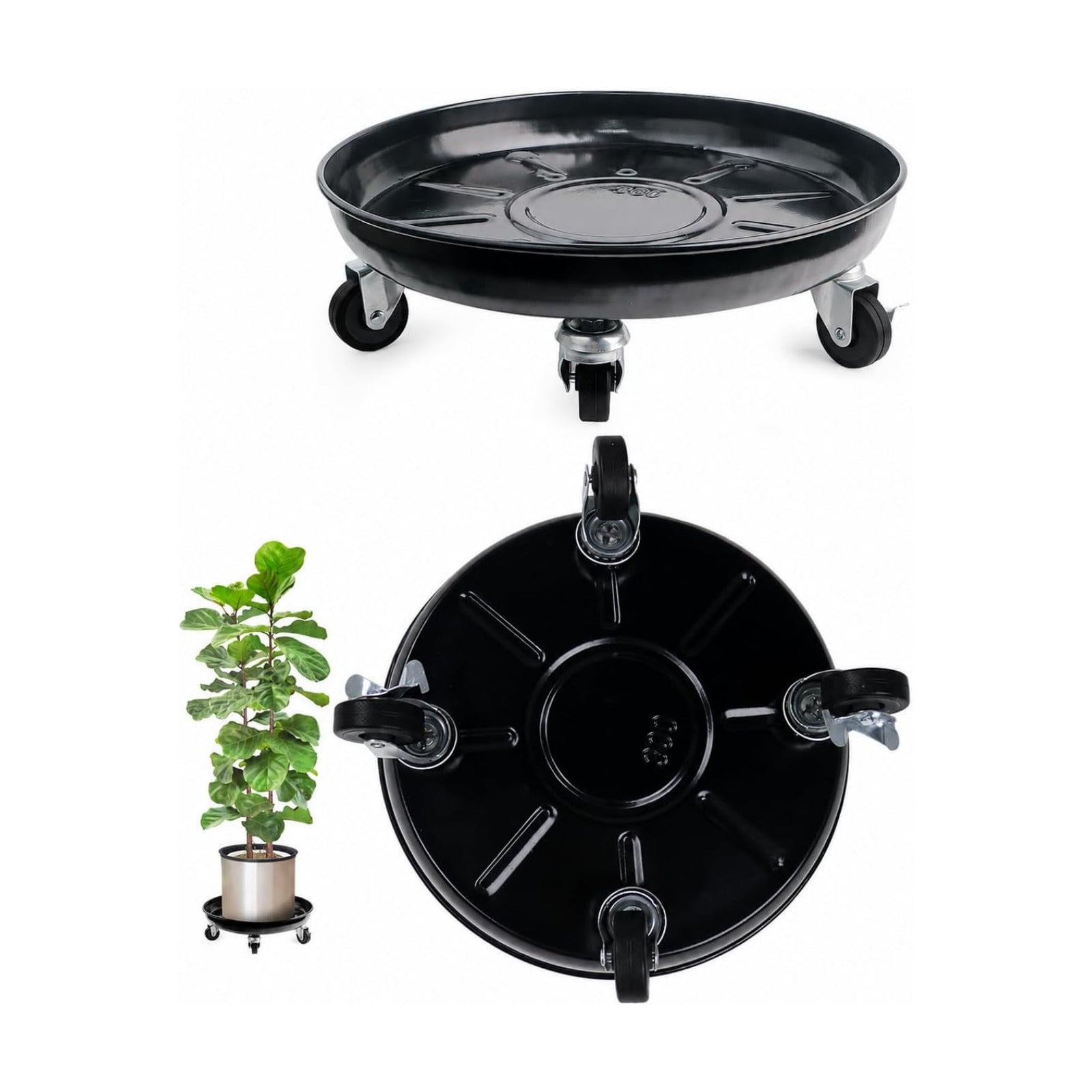 12 Plant Caddy with Wheels, Indoor Outdoor Rolling Caddy, 2-Pack Black | Entirely Made of Metal, 4 x 360° Wheels