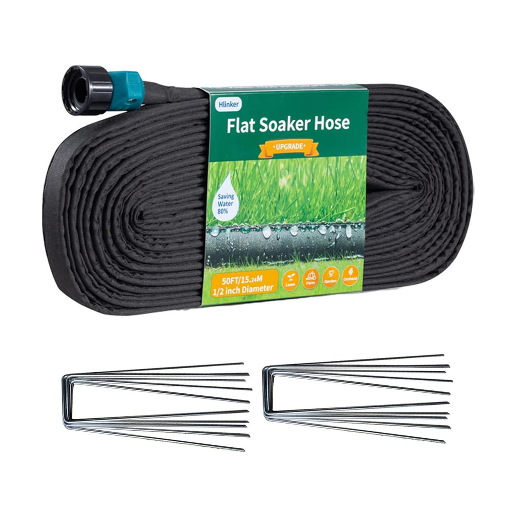 Hlinker 2026 Flat Soaker Hose 50 ft with Stake for Garden, Linkable Drip Hose Diy Automates Garden Irrigation System