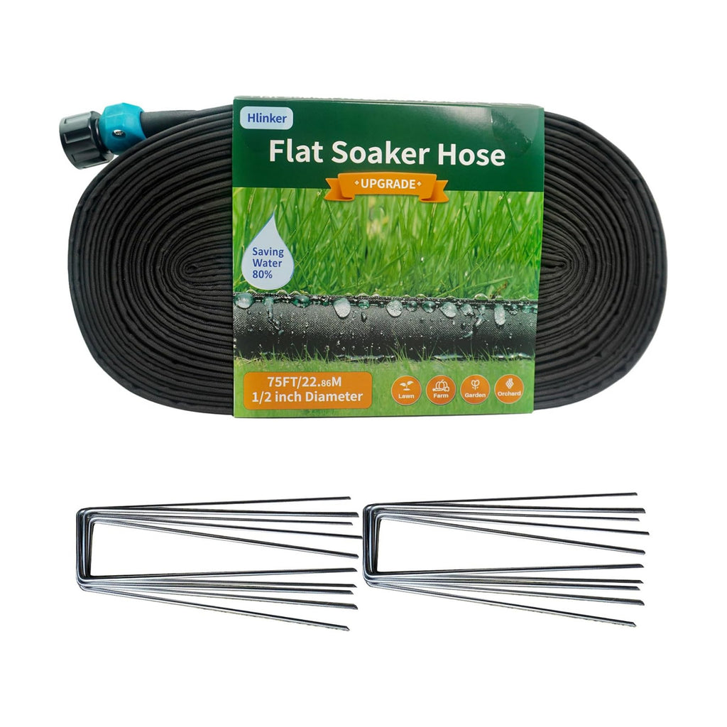 Hlinker 2026 Flat Soaker Hose 75 ft with Stake for Garden, Linkable Drip Hose Diy Automates Garden Irrigation System