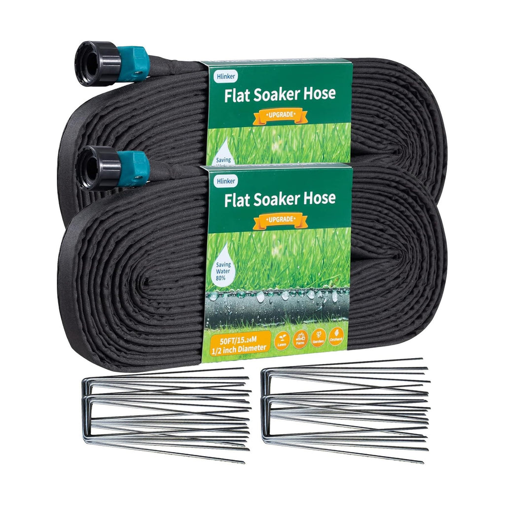 Hlinker 2026 Flat Soaker Hose 100 ft (50ft 2Packs) with Stake for Garden, Linkable Drip Hose Diy Automates Garden