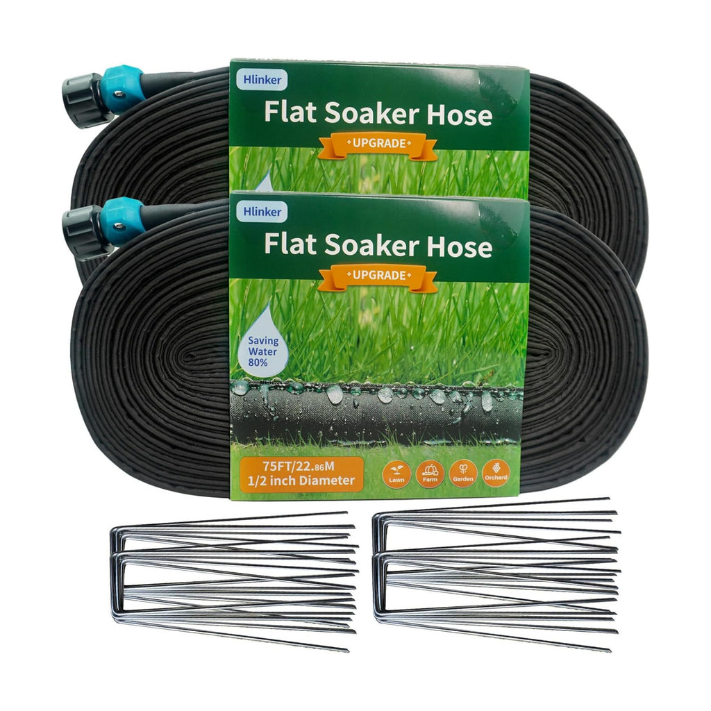 Hlinker 2026 Flat Soaker Hose 150 ft (75ft 2Packs) with Stake for Garden, Linkable Drip Hose Diy Automates Garden