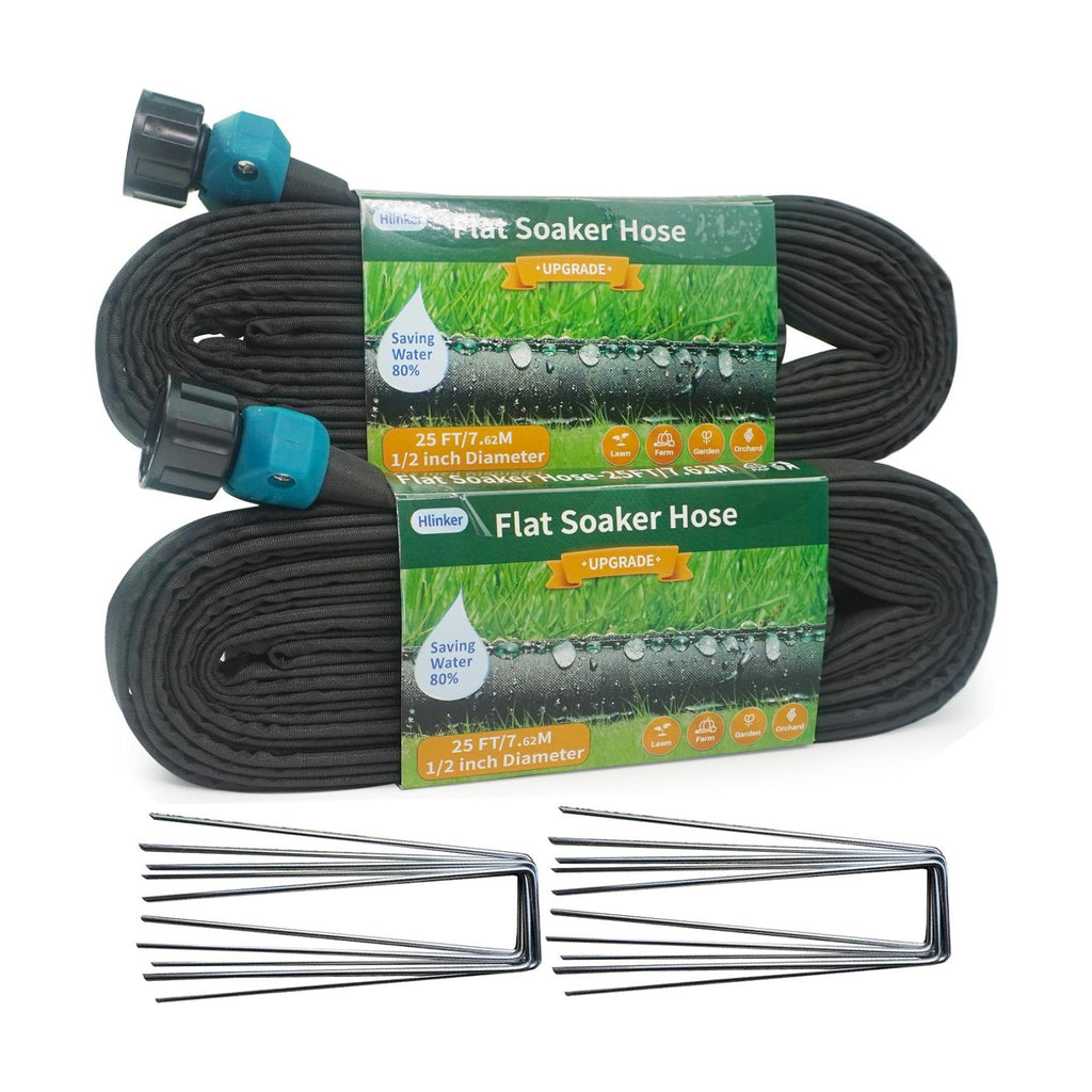 Hlinker 2026 Flat Soaker Hose 50 ft (25ft 2Packs) with Stake for Garden, Linkable Drip Hose Diy Automates Garden