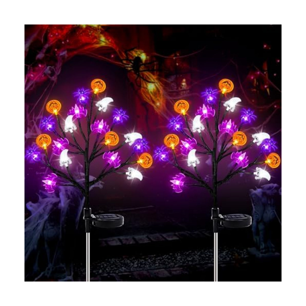 Halloween Decorations Outdoor Solar Lights, 2 Pack Halloween Lights Outdoor Solar Lights Waterproof with 20 LED Ghosts Bats Spiders Pumpkin Light, 8 Modes Solar Pathway Lights for Halloween's Decor