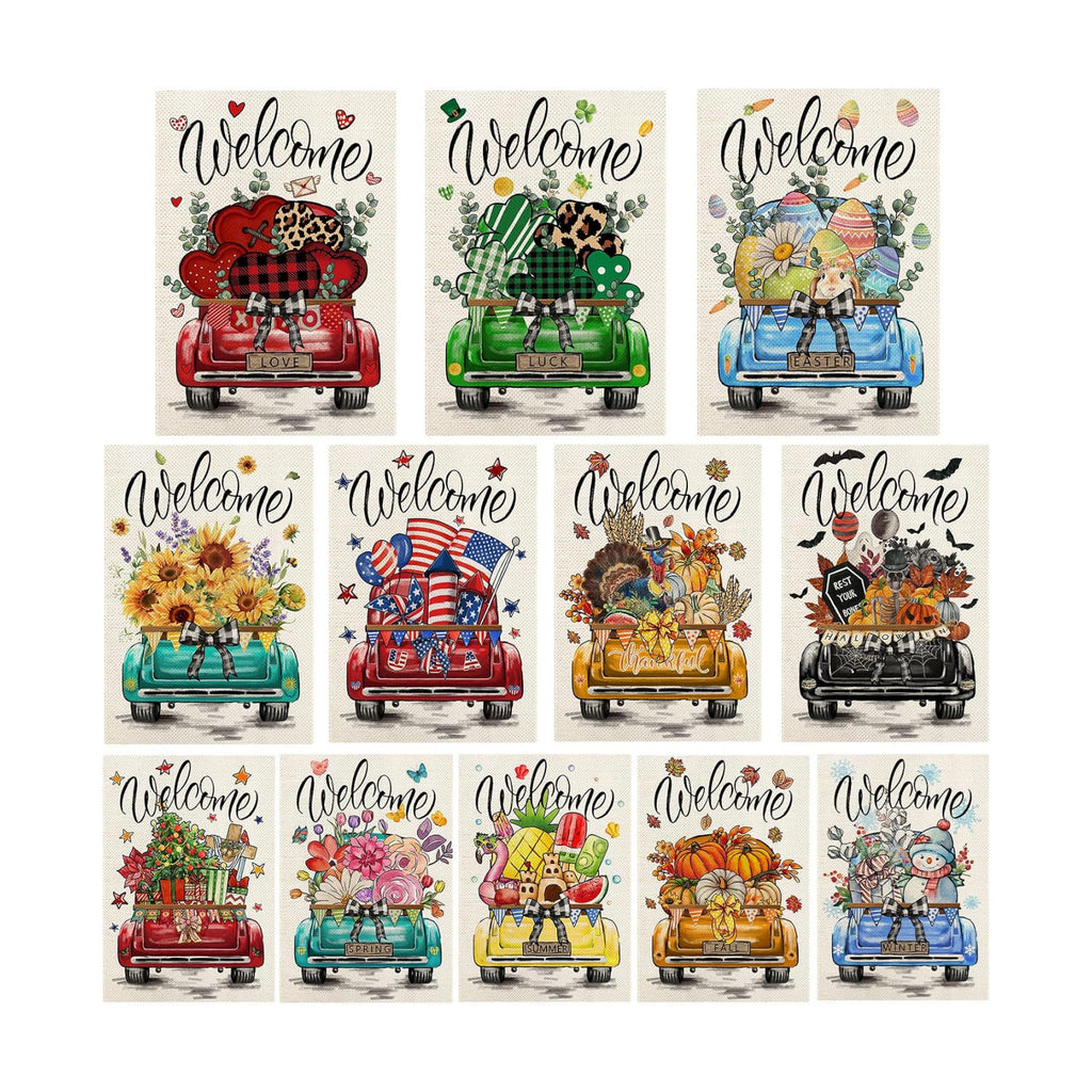 Rustic Truck Garden Flags for Outside Set of 12, Car Welcome Seasonal Garden Flags 12x18 Double Sided for All Seasons