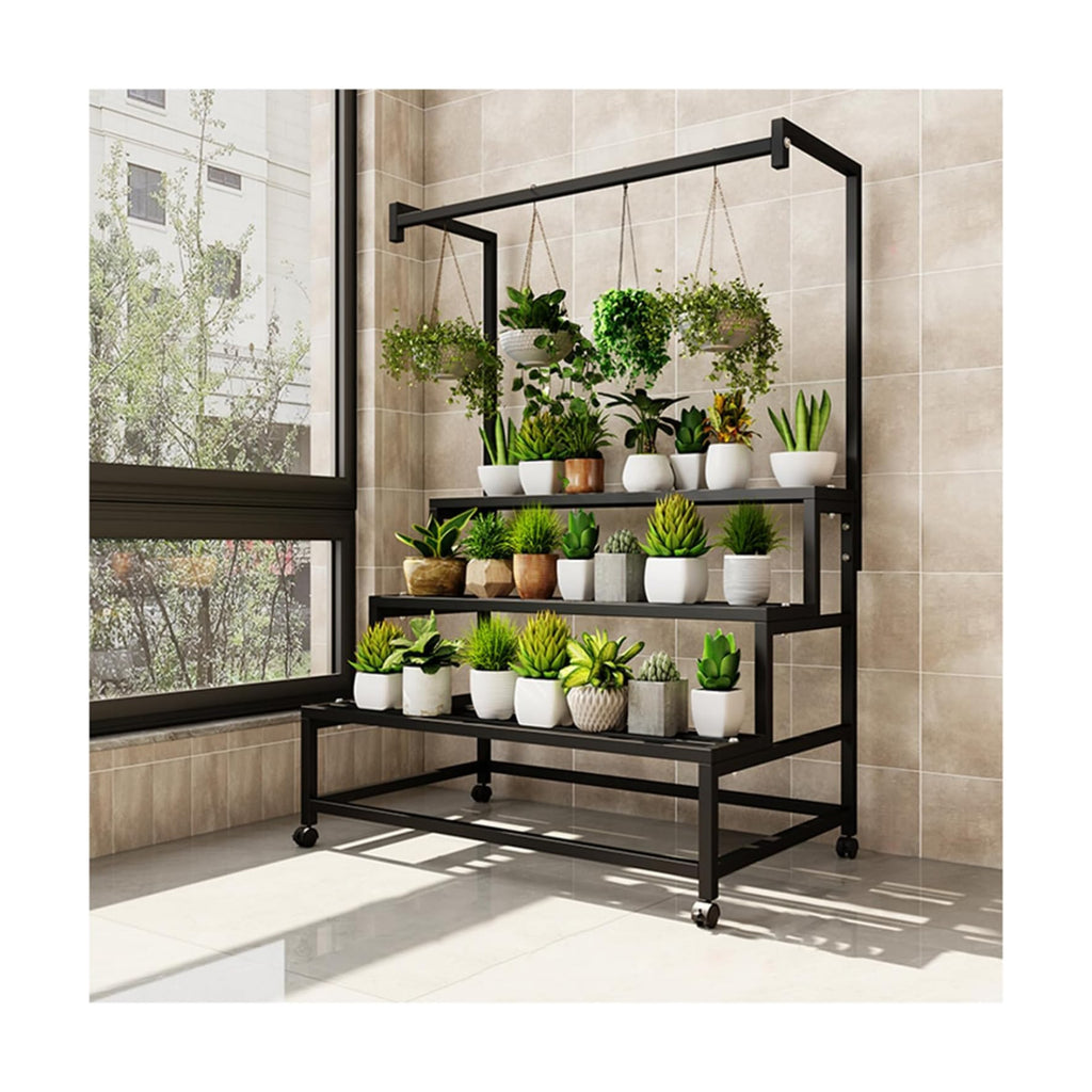 4 Tier with Hanging Tall Plant pot shelf, with Rollers (BLACK, 39IN) | L39*W24.4*H67in Large Metal Plant Stand, Heavy