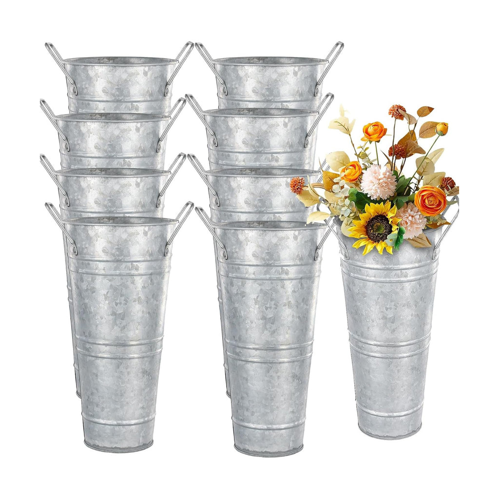 KINJOEK 8 PCS 9 Inch Galvanized Metal Flower Vases, Rustic Farmhouse French Flower Bucket Pots with Handle, Tall Galvanized Metal Vases for Centerpieces, Planter, Home Decor, Silver