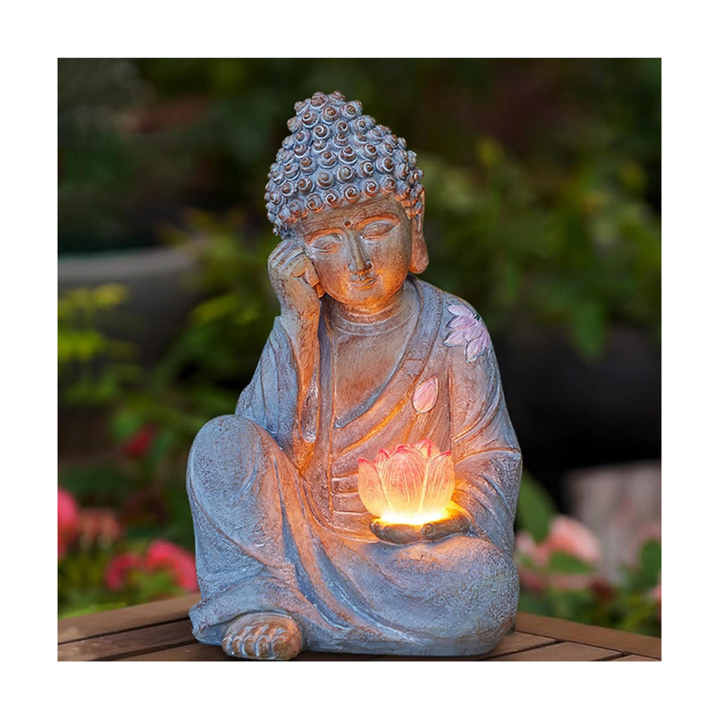Buddha Statue Outdoor with Lotus Flower Light, IP65 Waterproof Solar Statue Lights, Outdoor Statues for Garden, Zen