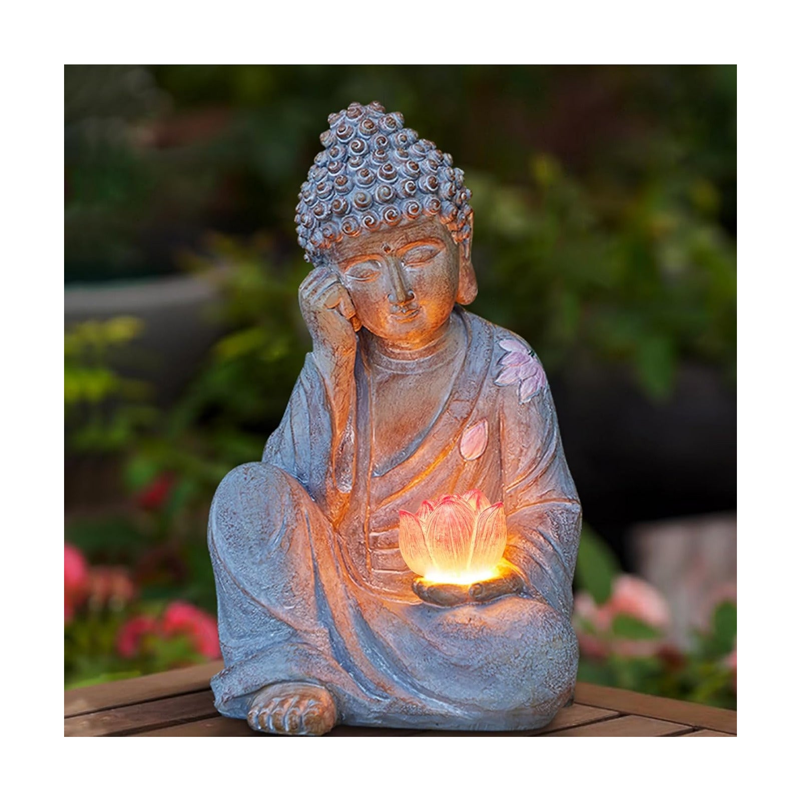 Buddha Statue Outdoor with Lotus Flower Light, IP65 Waterproof Solar Statue Lights, Outdoor Statues for Garden, Zen