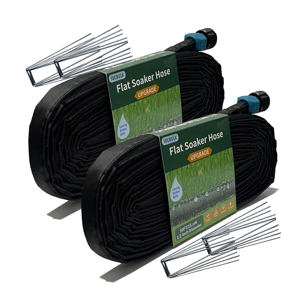 Secbulk 2026 Flat Soaker Hose 100 ft with Stakes for Garden, 50ft x 2 Linkable Drip Hose Diy Garden Irrigation System