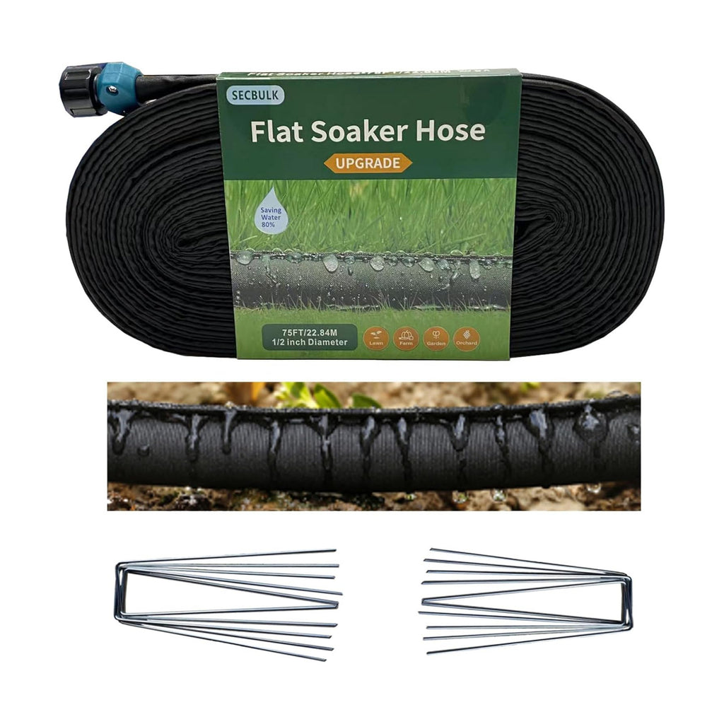 Secbulk 2026 Flat Soaker Hose 75 ft with Stakes for Garden, 75ft Linkable Drip Hose Diy Garden Irrigation System Saving