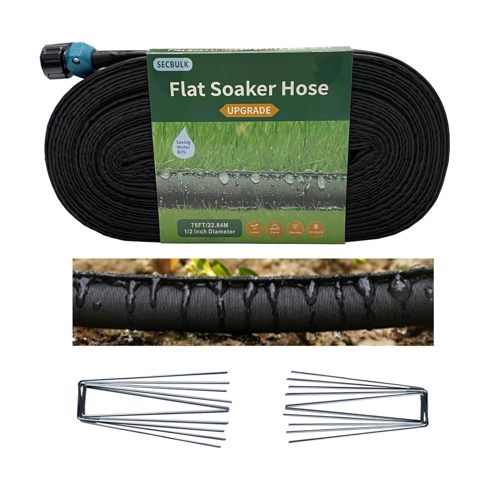 Secbulk 2026 Flat Soaker Hose 75 ft with Stakes for Garden, 75ft Linkable Drip Hose Diy Garden Irrigation System Saving