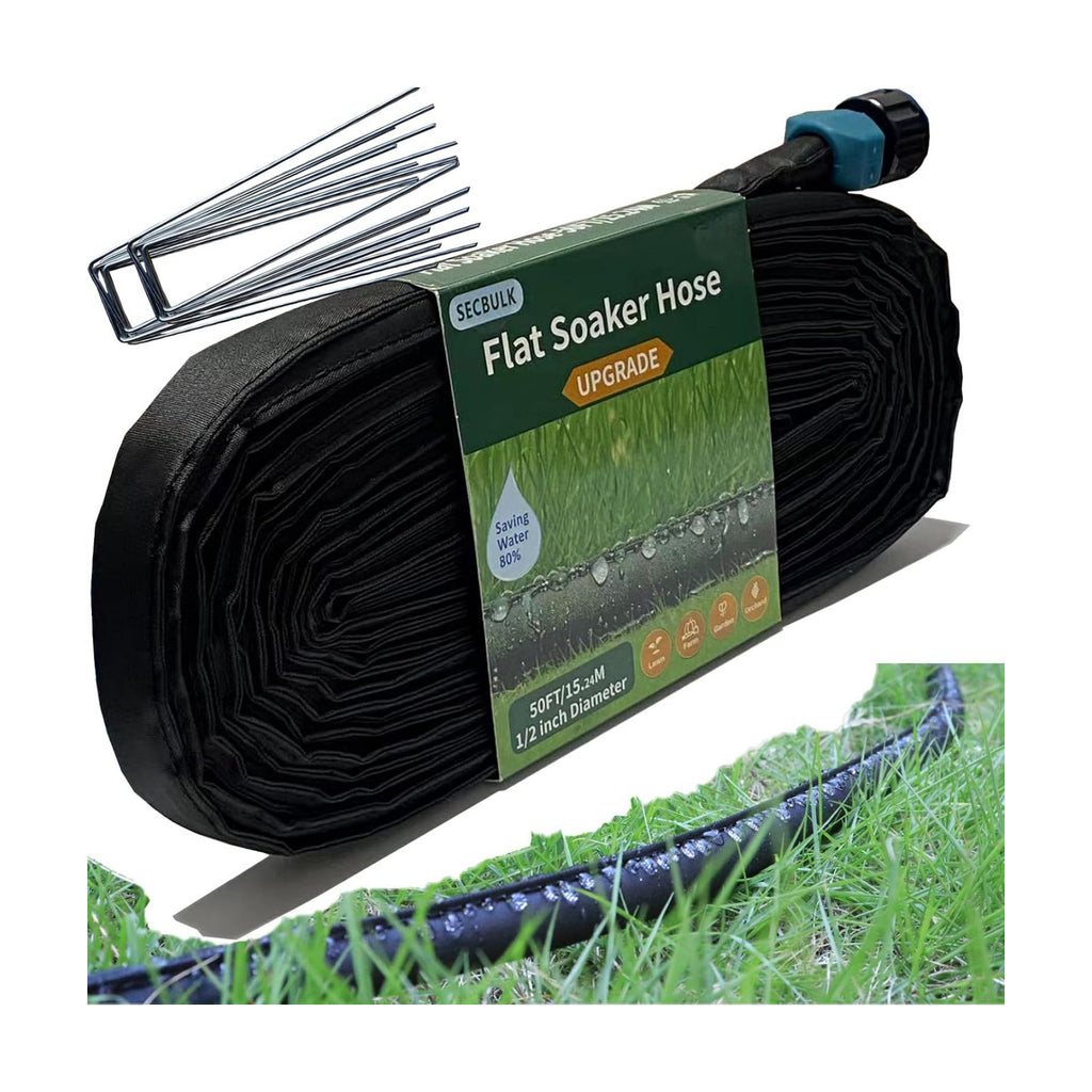Secbulk 2026 Flat Soaker Hose 50 ft with Stakes for Garden, 50ft Linkable Drip Hose Diy Garden Irrigation System Saving