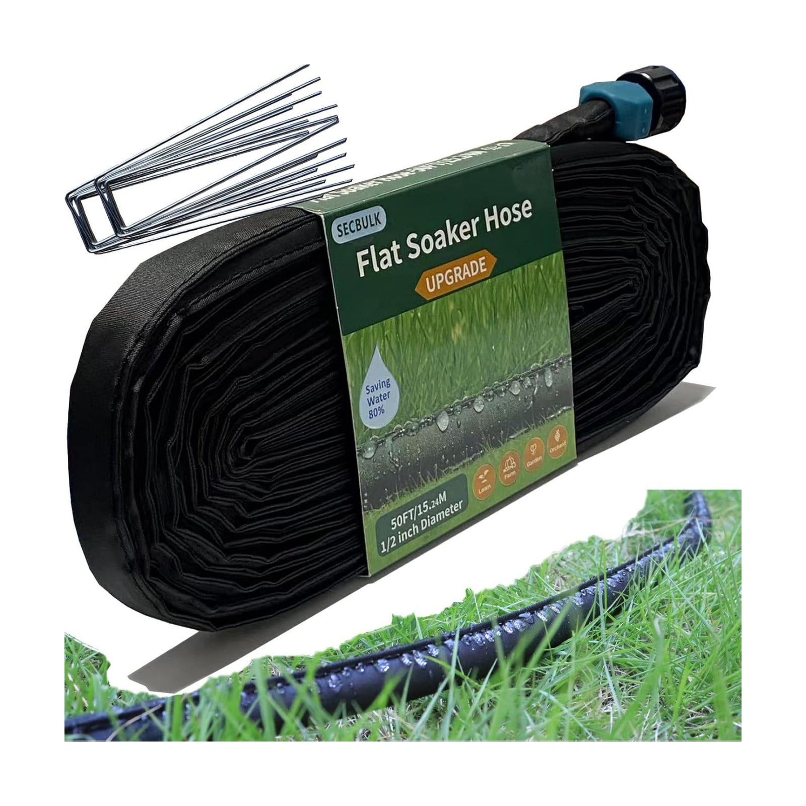 Secbulk 2026 Flat Soaker Hose 50 ft with Stakes for Garden, 50ft Linkable Drip Hose Diy Garden Irrigation System Saving