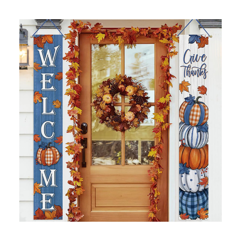 Deroro Welcome Fall Thanksgiving Pumpkin Porch Banner Sign, Blue Autumn