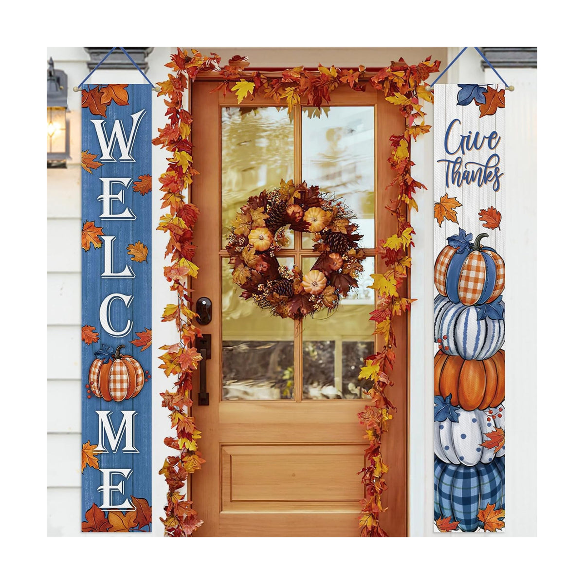 Deroro Welcome Fall Thanksgiving Pumpkin Porch Banner Sign, Blue Autumn