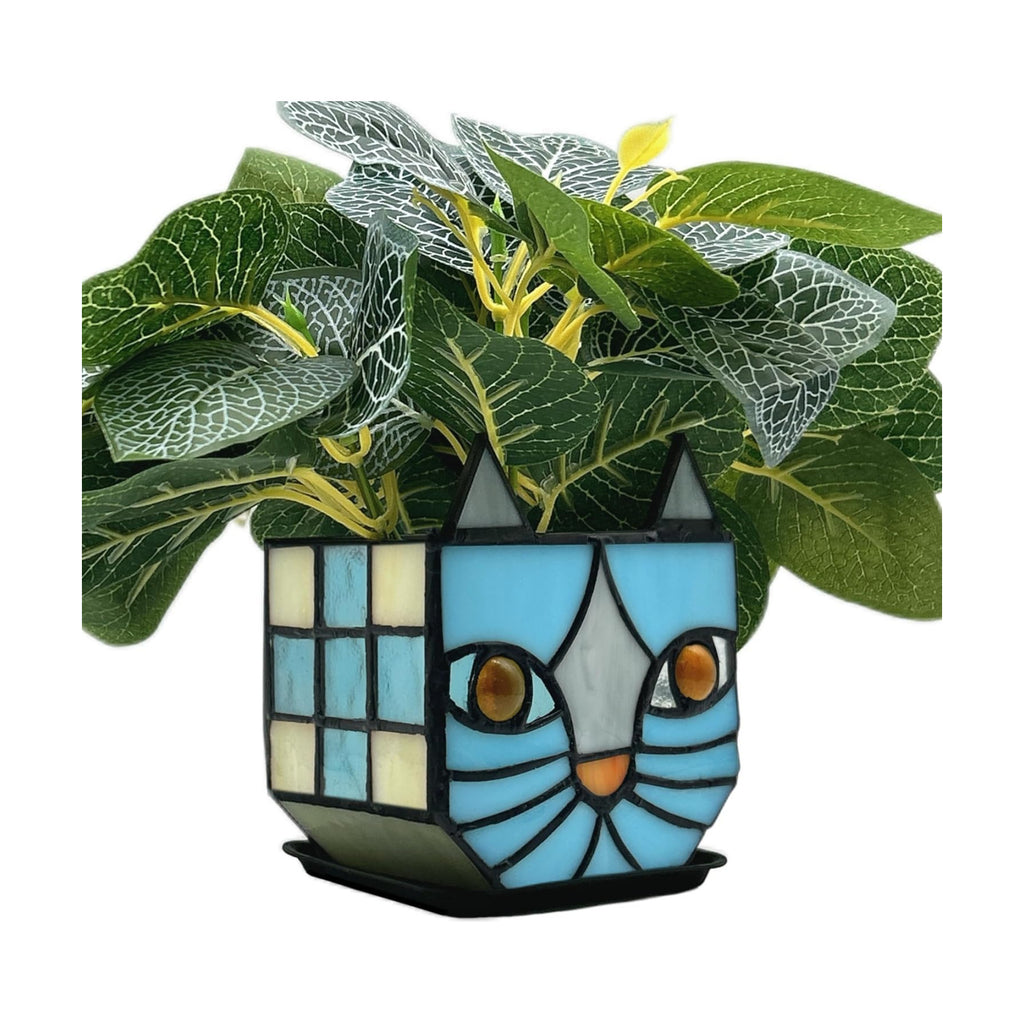 Stained Glass Blue Cat Planter,Plant pots with Drainage Holes, Plant Flower Pot for Houseplants and Succulents,Cute