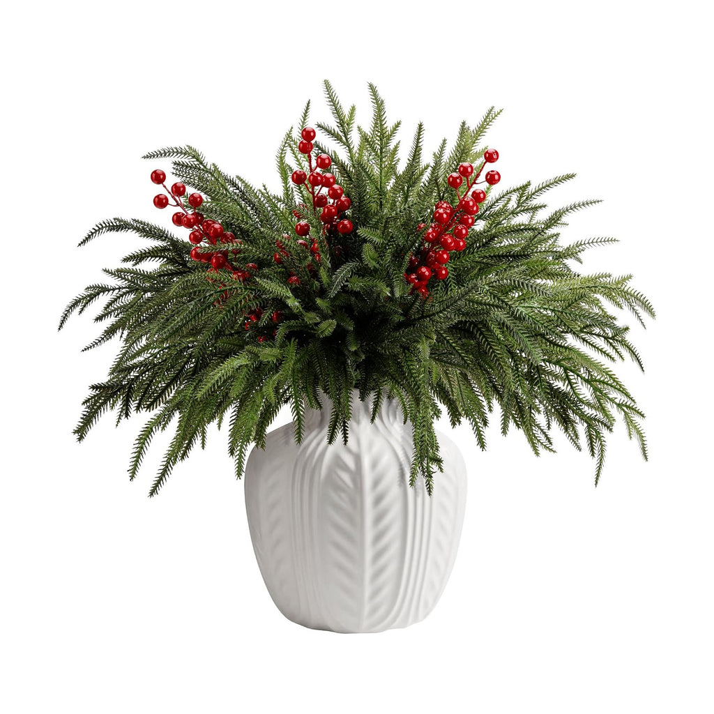 15 Pcs Christmas Norfolk Pine Branches Red Berry Stem Faux Christmas Sprigs