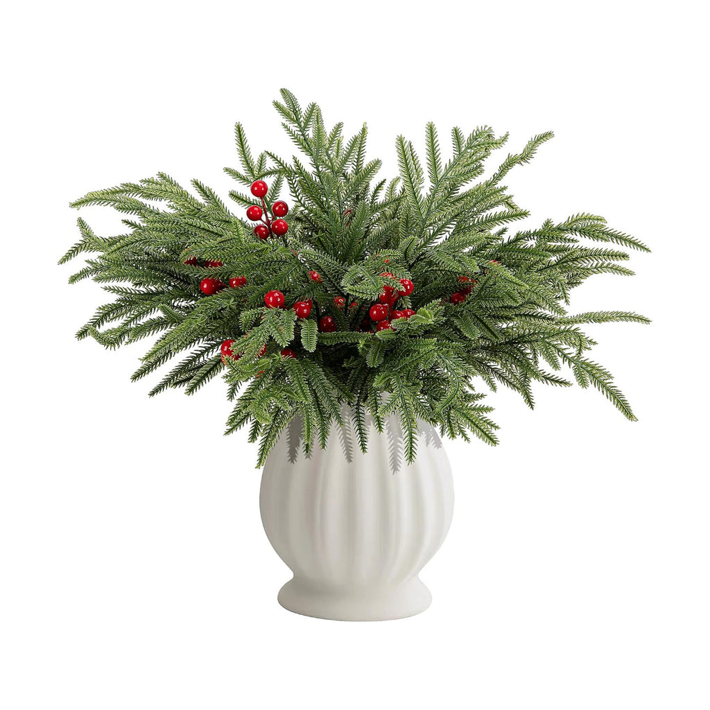 60 Pcs Christmas Norfolk Pine Branches Red Berry Stems Faux Christmas Sprig