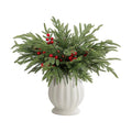 60 Pcs Christmas Norfolk Pine Branches Red Berry Stems Faux Christmas Sprig