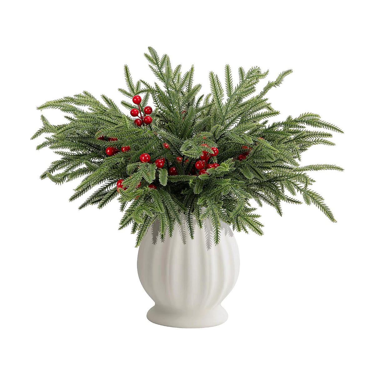 60 Pcs Christmas Norfolk Pine Branches Red Berry Stems Faux Christmas Sprig
