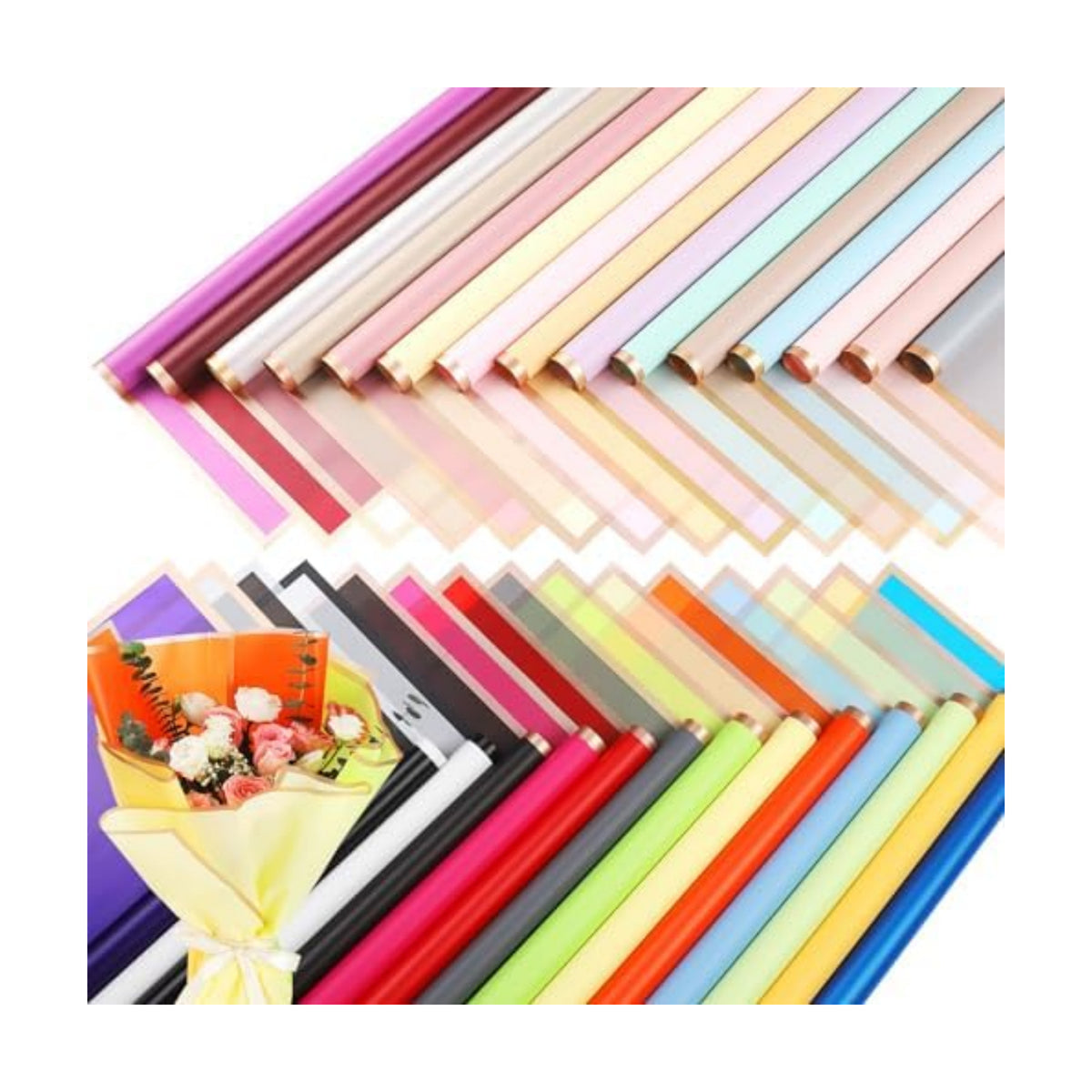 FF Sgdfc 300 Sheets Gold Edge Flower Wrapping Paper Waterproof Bouquet Packaging Paper Florist Bouquet Supplies for Wedding DIY Craft Gift Packing (30 Colors)