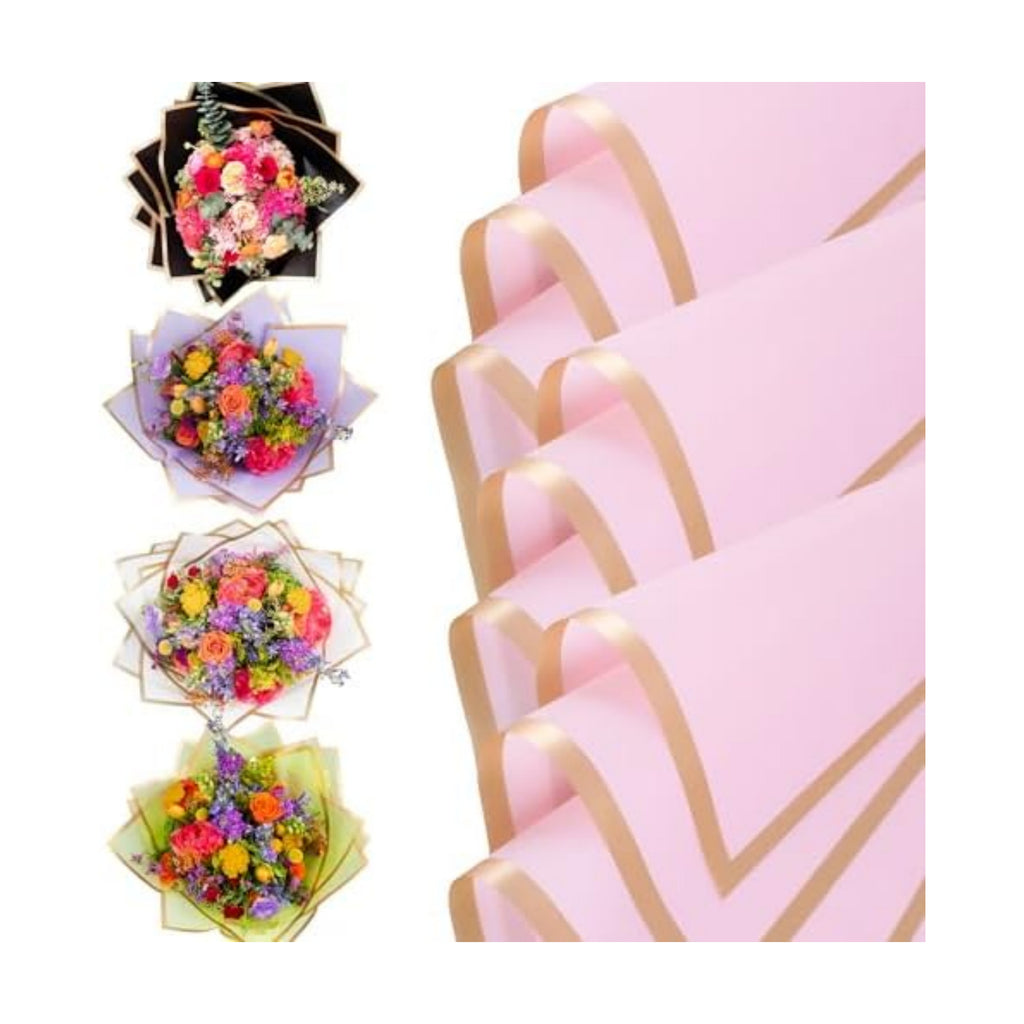 the florist Supply 20 Sheets Premium Flower Wrapping Paper | Waterproof Flower Wrapping Paper for Bouquets | Double Sided Floral Bouquet Sheets | DIY Gifts Borderline Pink/Gold