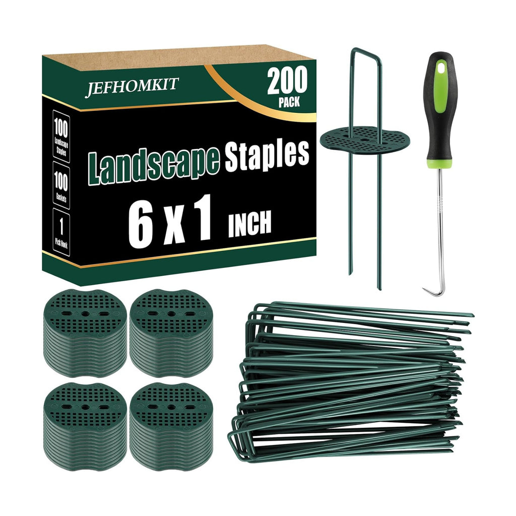 100 Pack Landscape Staples, 6 Inch, 11 Gauge | Garden Staples with Buffer Washer, Galvanized Steel, Pick Hook Garden