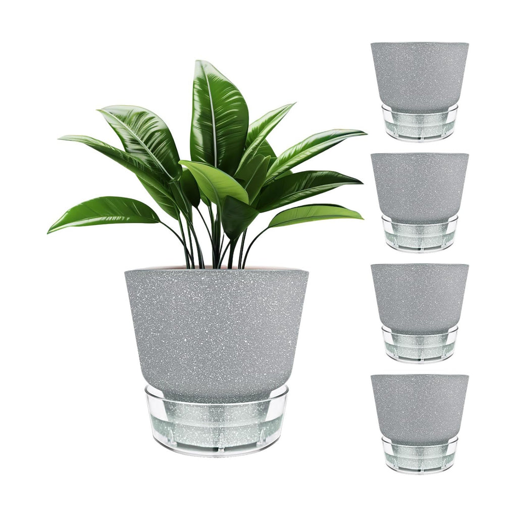 Plant Pots - 6" Orchid Pot, 5 Pack Orchid Pots with Holes - Self Watering Pots for Indoor Plants - Plant Pots with Drainage Hole and Tray Saucer (Frosted Gray)