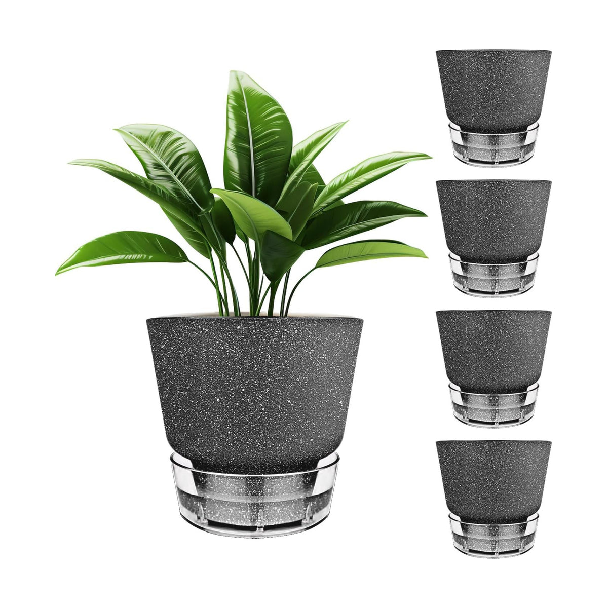 2024 Upgraded 5 Pack 6-Inch Self-Watering Planter Pots with Deep Reservoir for Indoor and Outdoor Plants with Planting Tools (Frosted Black)